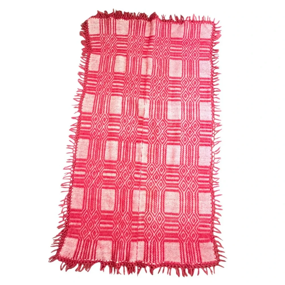 Vintage‎ Greek Wool Karameloti Woven Red  Blanket Hand Loomed Textile Boho Throw
